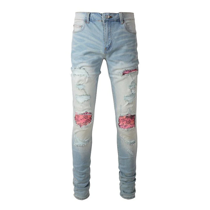 Blue Pink Paisley Bandana Patch Jeans