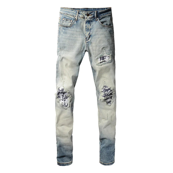 Blue White Artwork Patch Jeans