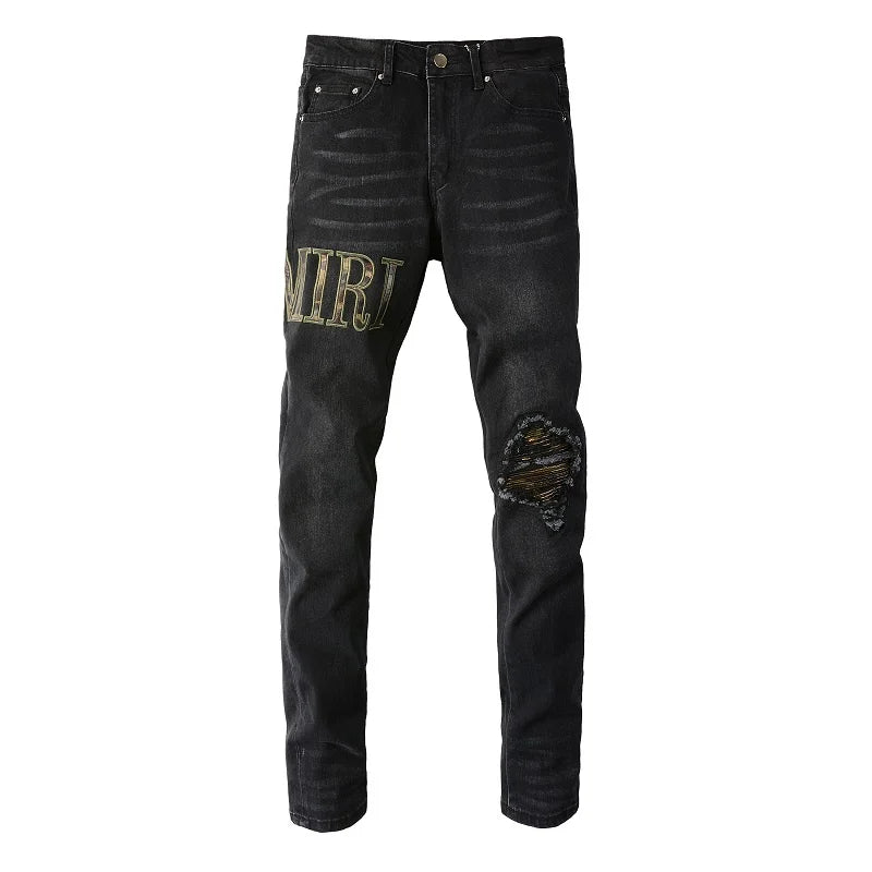 Amiri Jeans black slim straight leg jeans with print