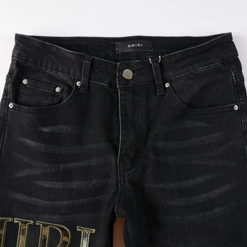 Amiri Jeans black slim straight leg jeans with print