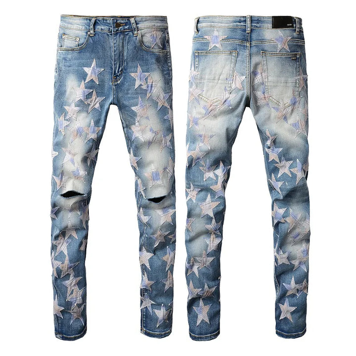 Amiri Jeans blue slim straight leg jeans print