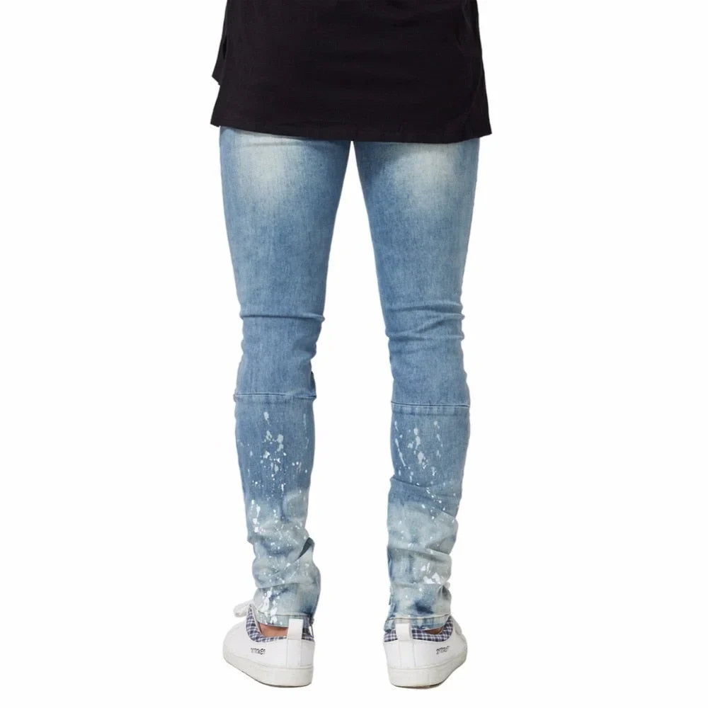 Blue Skinny Paint Side Ankle Zipper Jeans