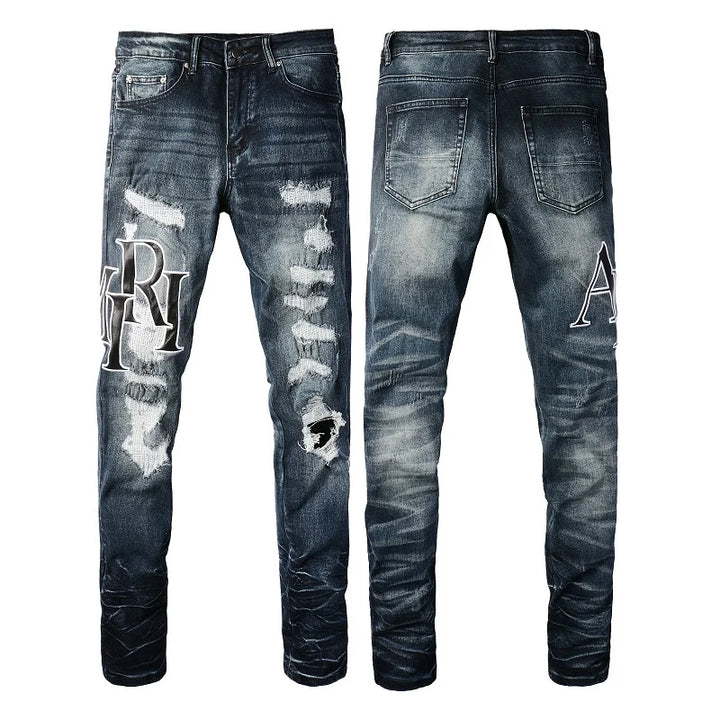 Amiri Jeans denim dark blue ripped pants slim straight fit print