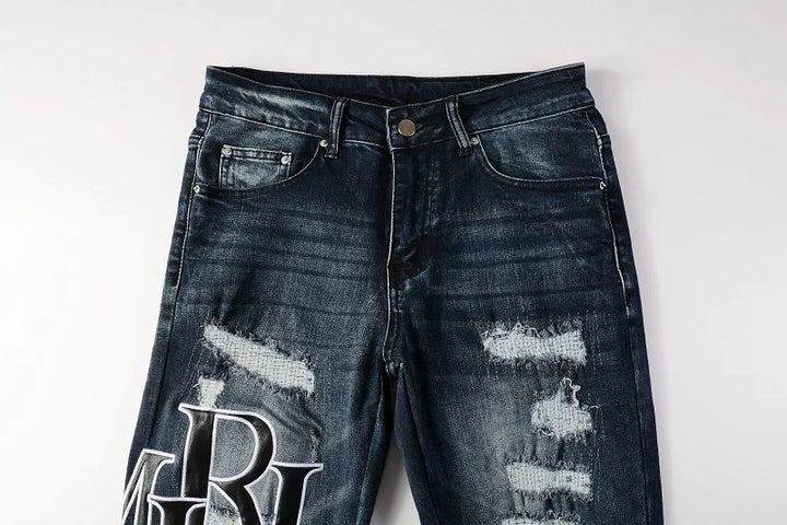 Amiri Jeans denim dark blue ripped pants slim straight fit print