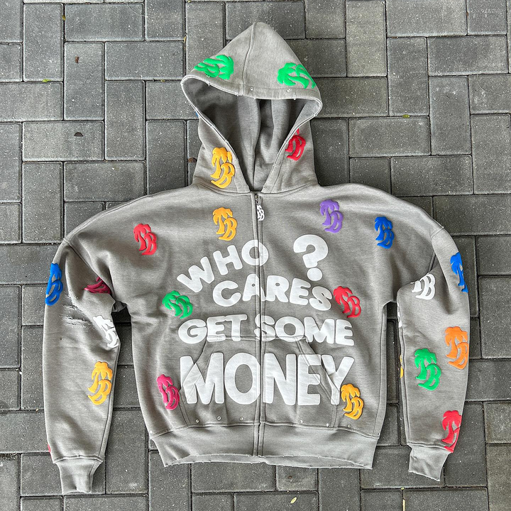 Personalized lettering print zip-up hoodie