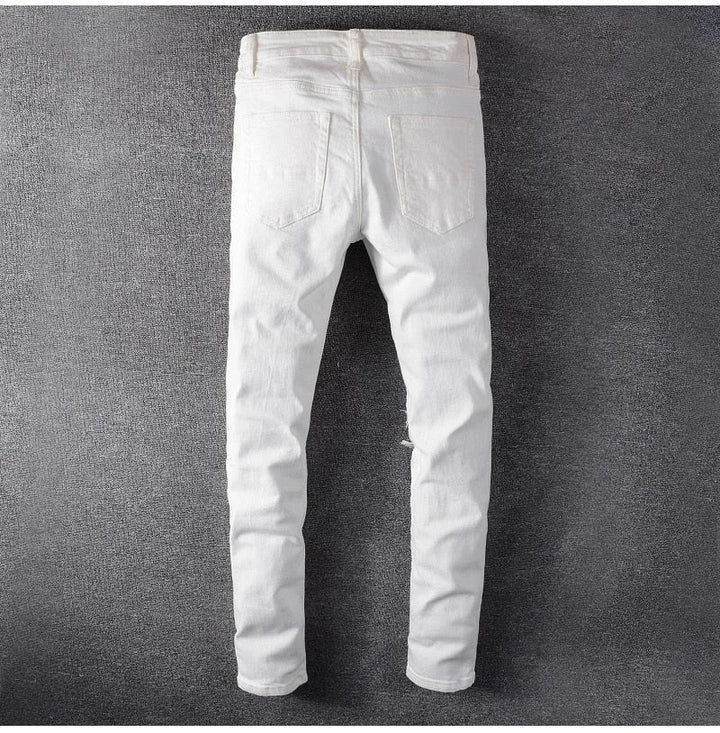 White Crystal Patchwork Ripped Jeans