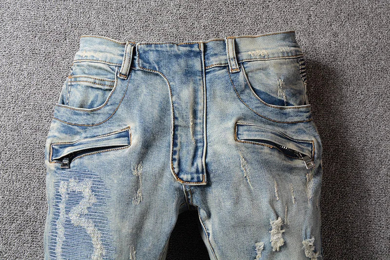 Light Blue Distressed Biker Jeans