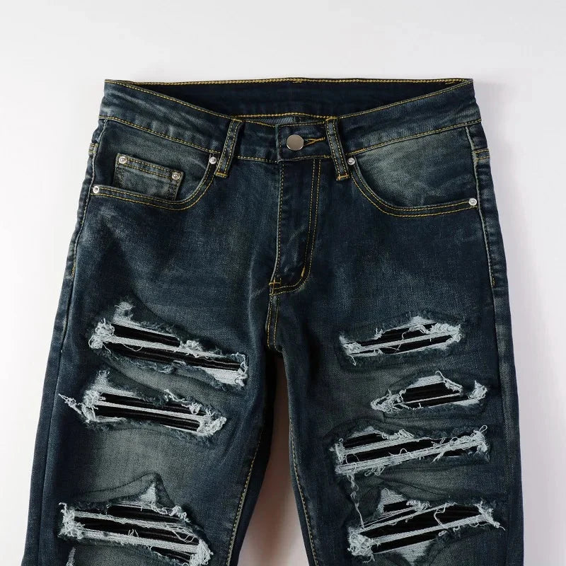 Dark Blue Full Leather Patchwork Distressed Jeans