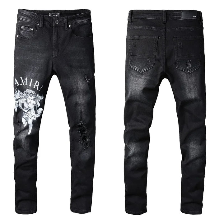 Amiri Jeans black slim fit straight-leg jeans ripped tie-dye