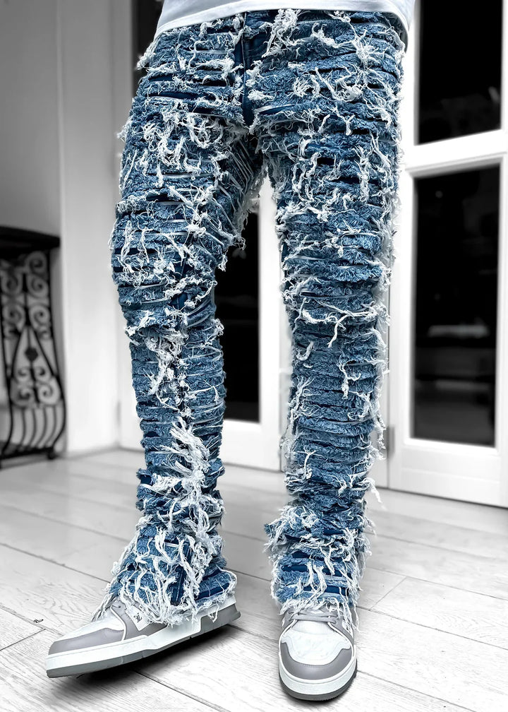 Aqua Blue Distressed Stacked Denim