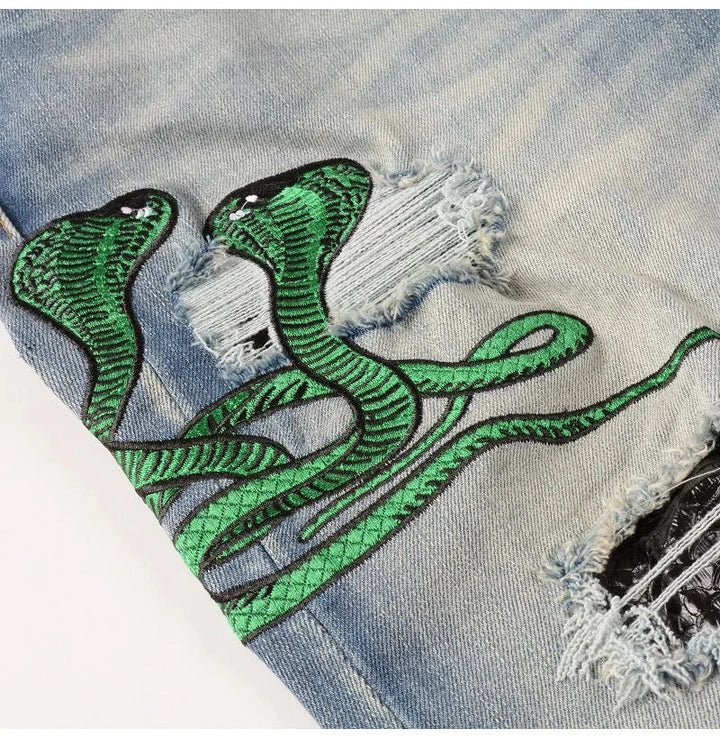 Blue Snake Embroidery Patch Ripped Jeans