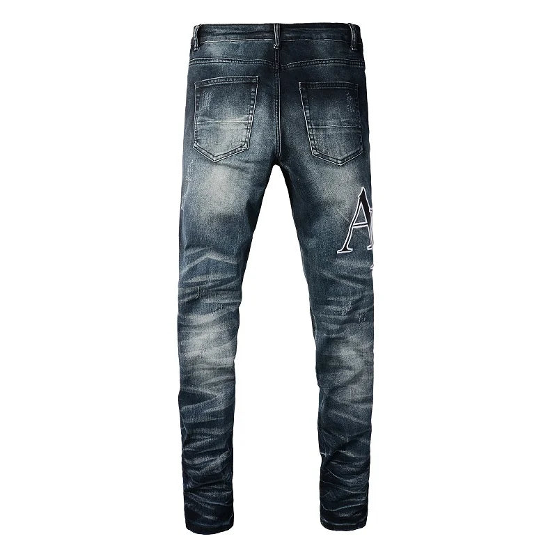 Amiri Jeans denim dark blue ripped pants slim straight fit print