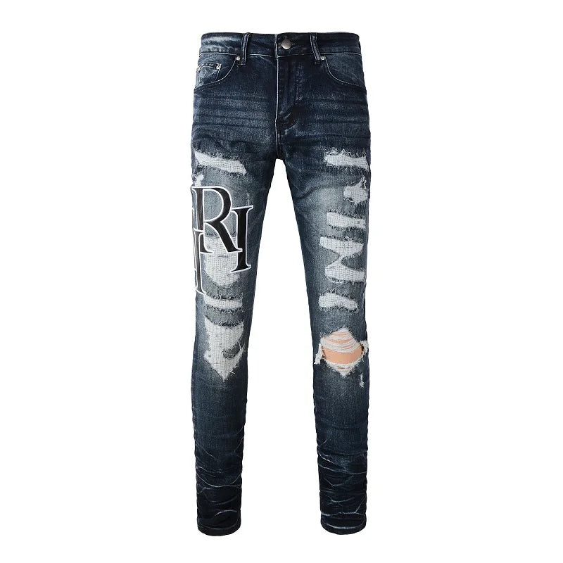 Amiri Jeans denim dark blue ripped pants slim straight fit print