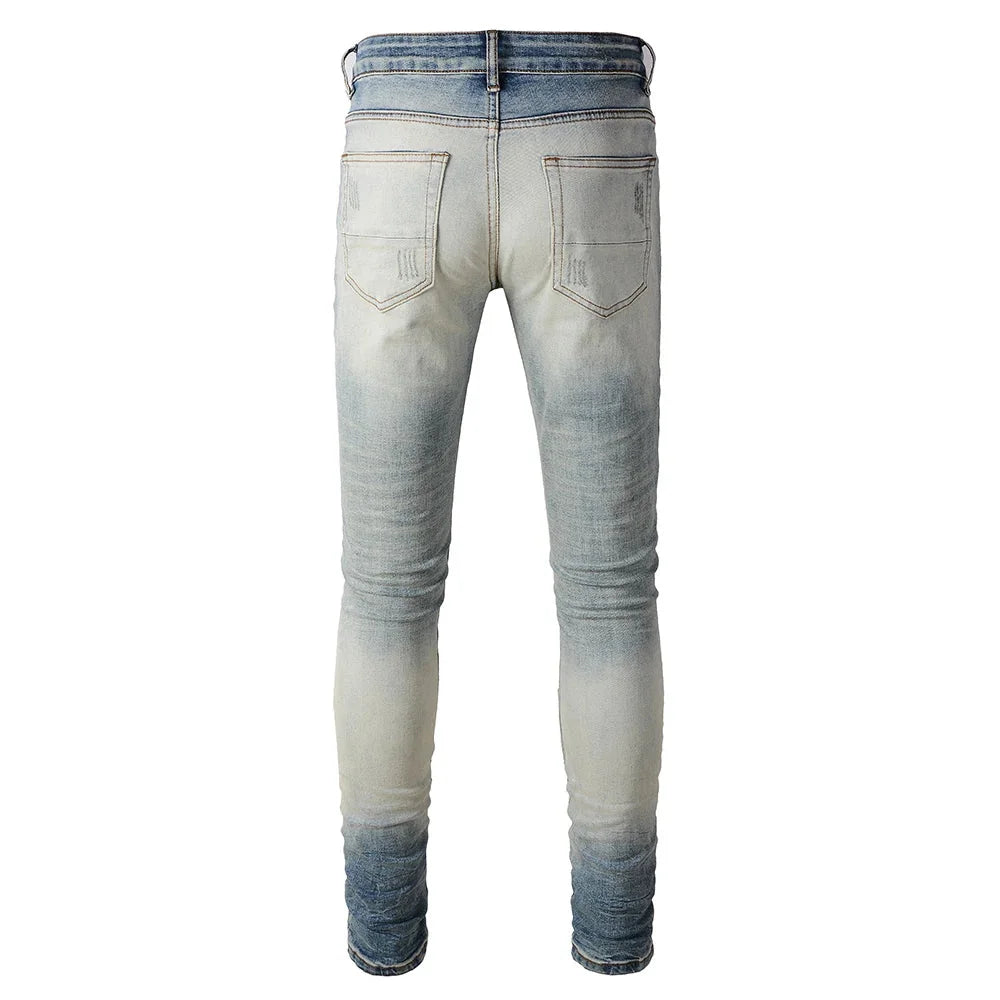 Blue White Artwork Patch Jeans