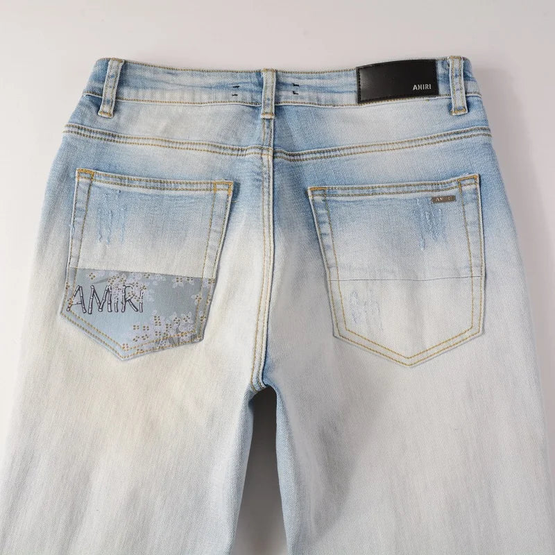 Amiri Jeans aqua slim fit straight-leg jeans with holes