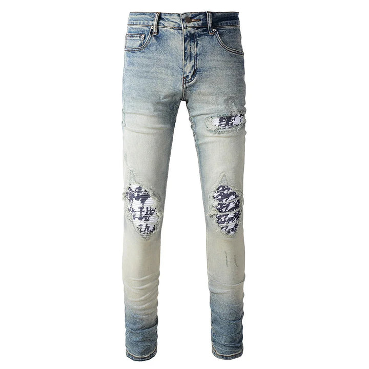 Blue White Artwork Patch Jeans