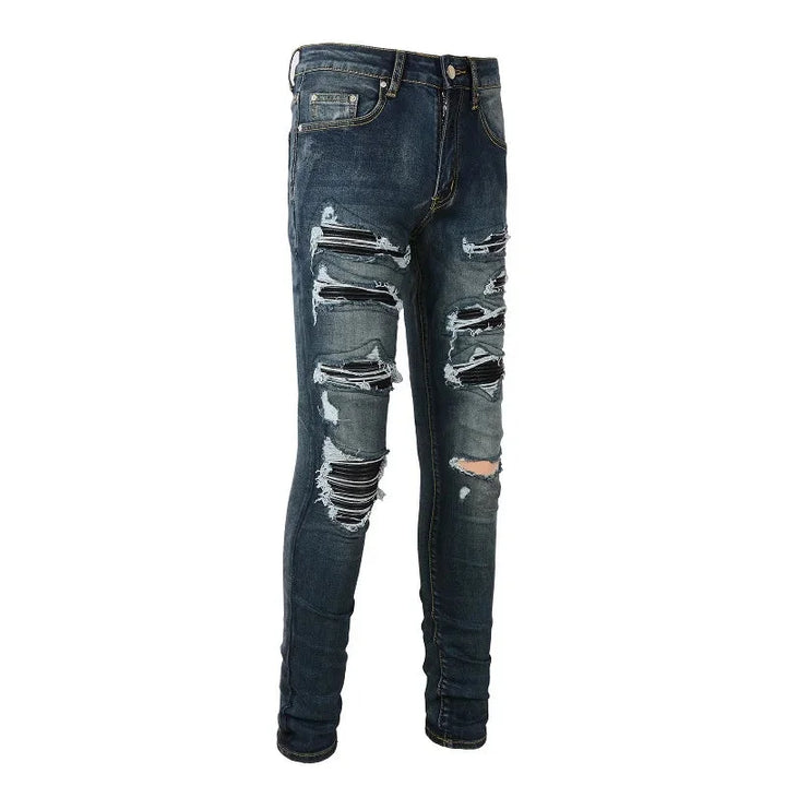 Dark Blue Full Leather Patchwork Distressed Jeans