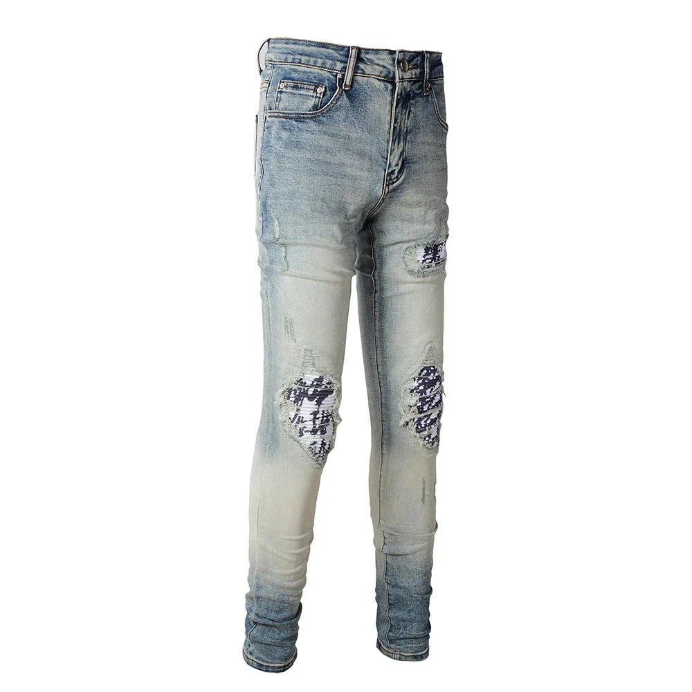 Blue White Artwork Patch Jeans