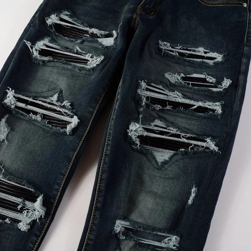 Dark Blue Full Leather Patchwork Distressed Jeans