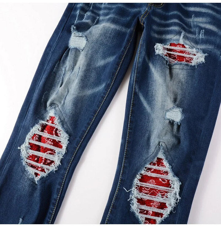 Dark Blue Red Paisley Bandana Patch Jeans