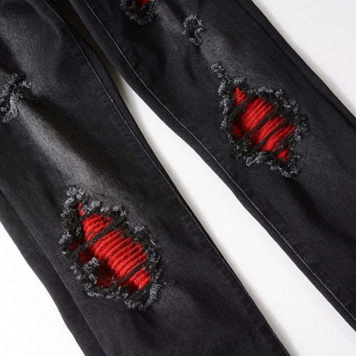 Black Red Ribbed Patchwork Jeans