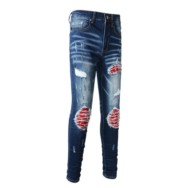 Dark Blue Red Paisley Bandana Patch Jeans