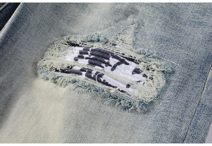 Blue White Artwork Patch Jeans