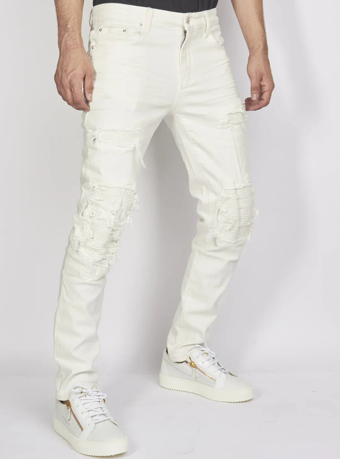 Jeans - Distressed with Ribbing - White - PLTKS0521592