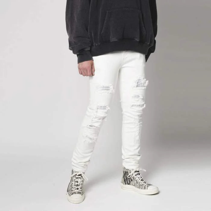 White Crystal Patchwork Ripped Jeans