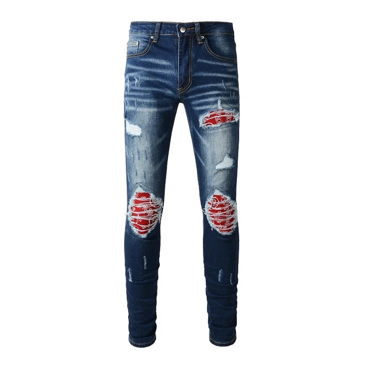 Dark Blue Red Paisley Bandana Patch Jeans