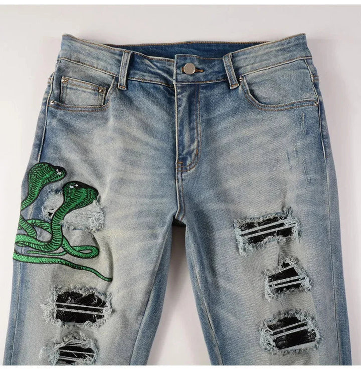 Blue Snake Embroidery Patch Ripped Jeans