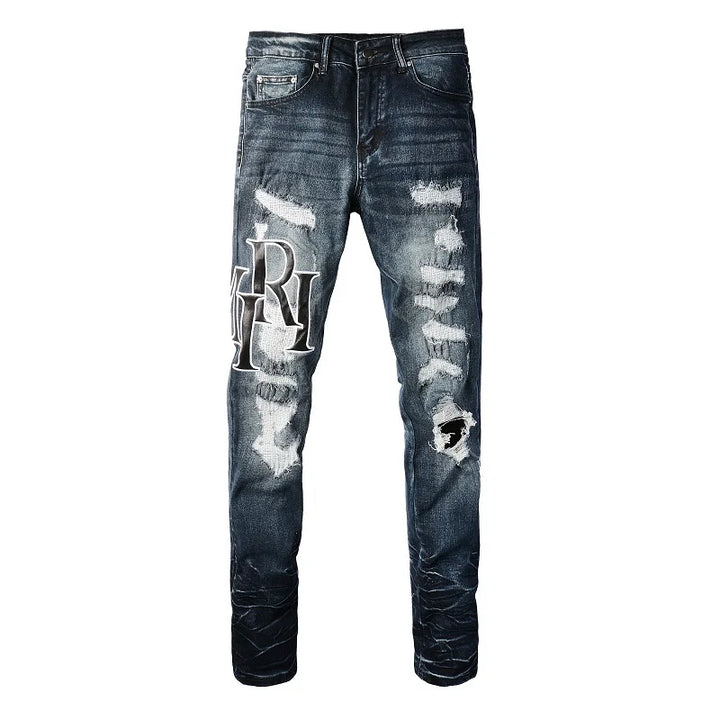 Amiri Jeans denim dark blue ripped pants slim straight fit print