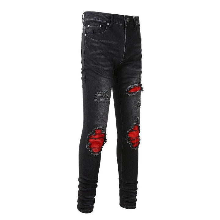 Black Red Ribbed Patchwork Jeans