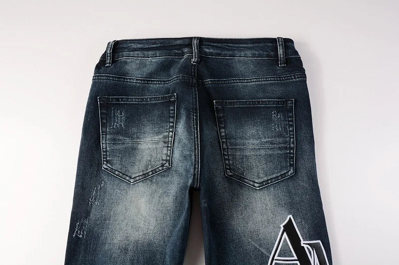 Amiri Jeans denim dark blue ripped pants slim straight fit print