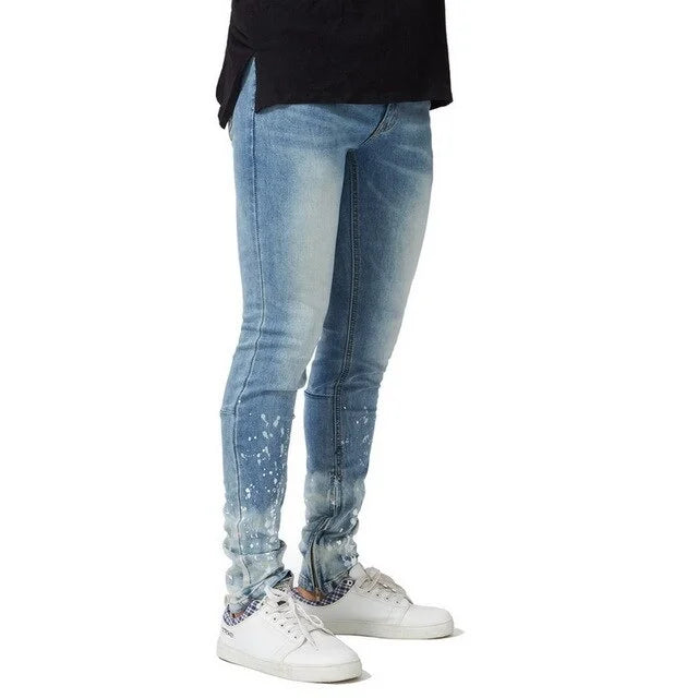 Blue Skinny Paint Side Ankle Zipper Jeans