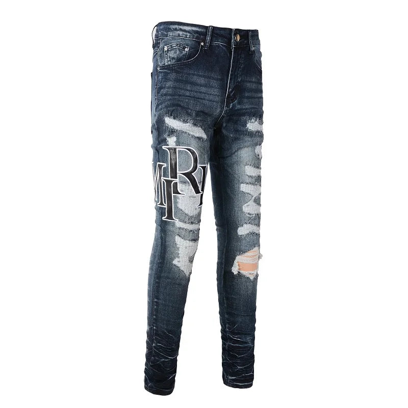 Amiri Jeans denim dark blue ripped pants slim straight fit print