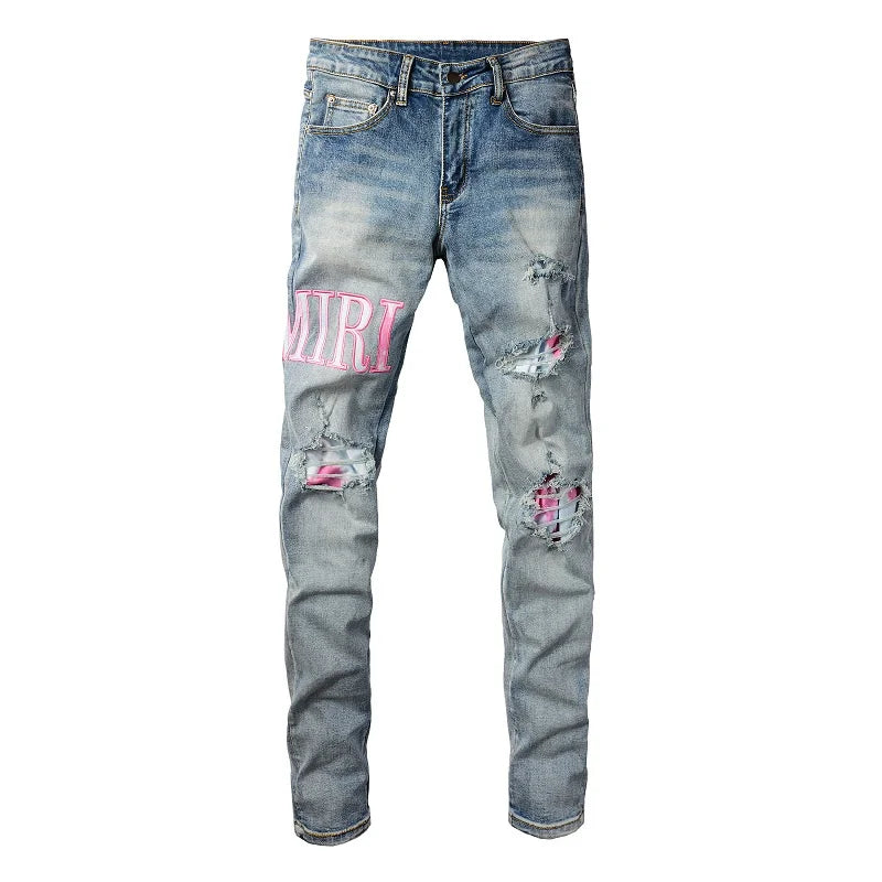 Amiri Jeans Aqua Blue Slim Fit Straight Print