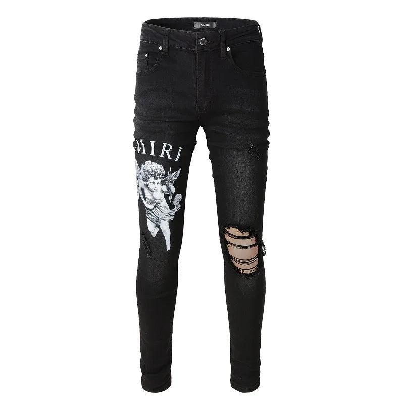 Amiri Jeans black slim fit straight-leg jeans ripped tie-dye