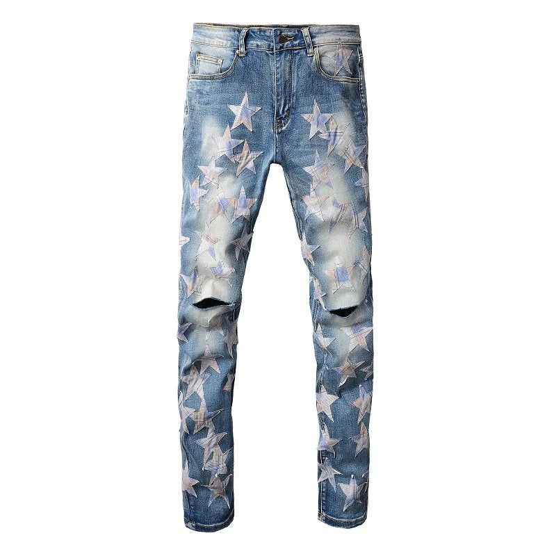 Amiri Jeans blue slim straight leg jeans print