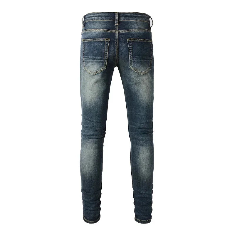 Dark Blue Full Leather Patchwork Distressed Jeans