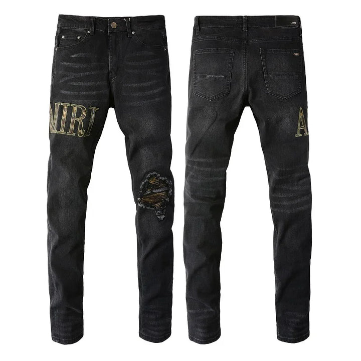 Amiri Jeans black slim straight leg jeans with print