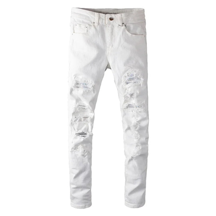 White Crystal Patchwork Ripped Jeans