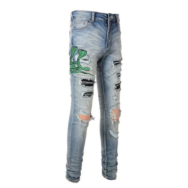 Blue Snake Embroidery Patch Ripped Jeans