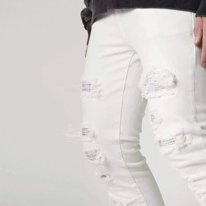 White Crystal Patchwork Ripped Jeans