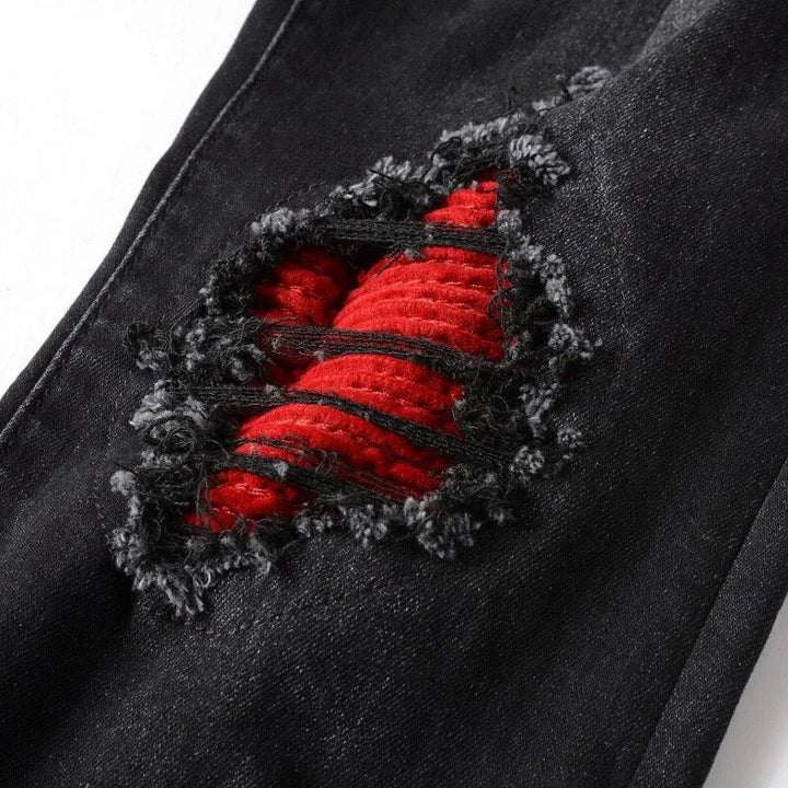 Black Red Ribbed Patchwork Jeans