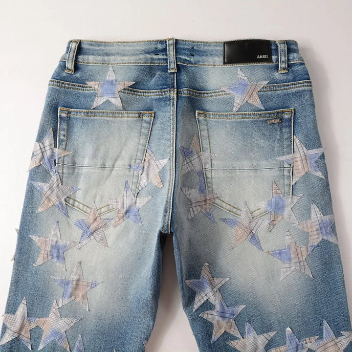 Amiri Jeans blue slim straight leg jeans print