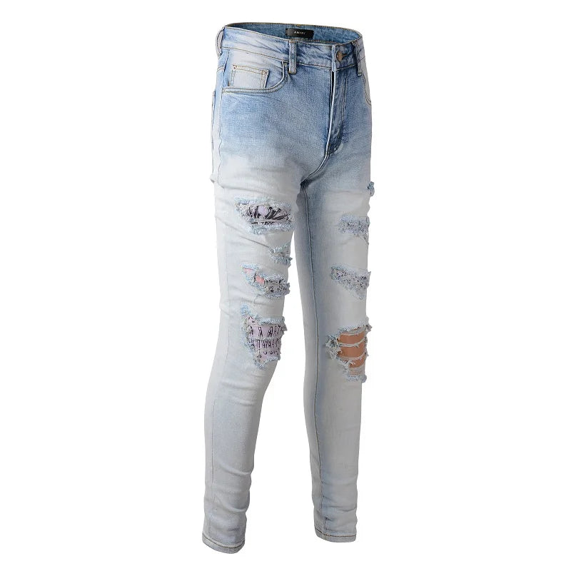 Amiri Jeans aqua slim fit straight-leg jeans with holes