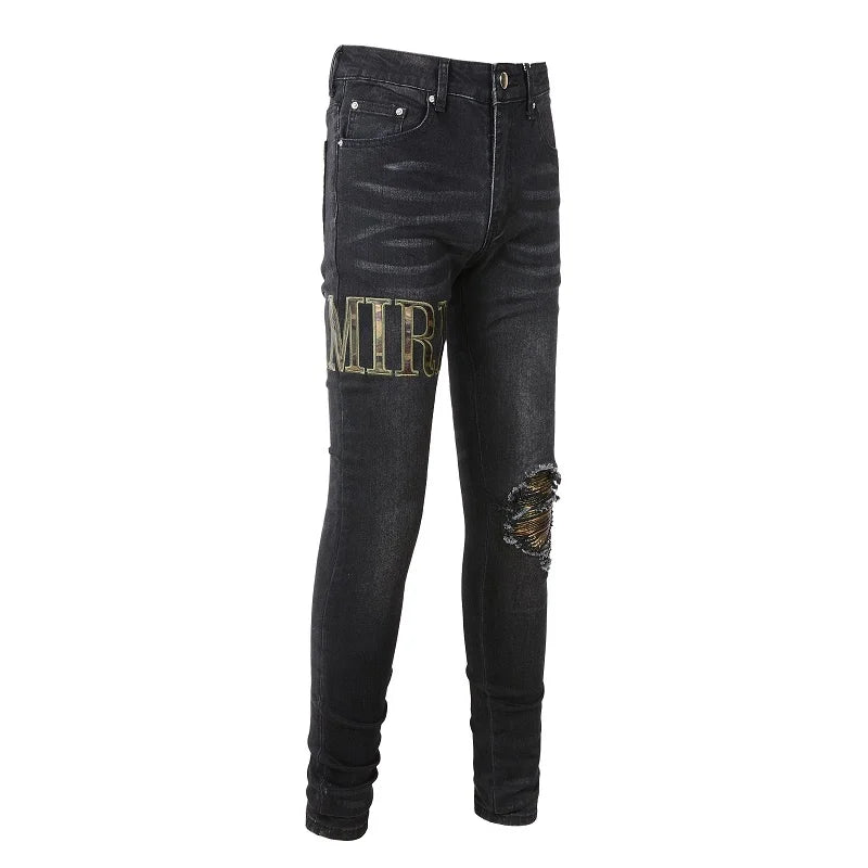 Amiri Jeans black slim straight leg jeans with print