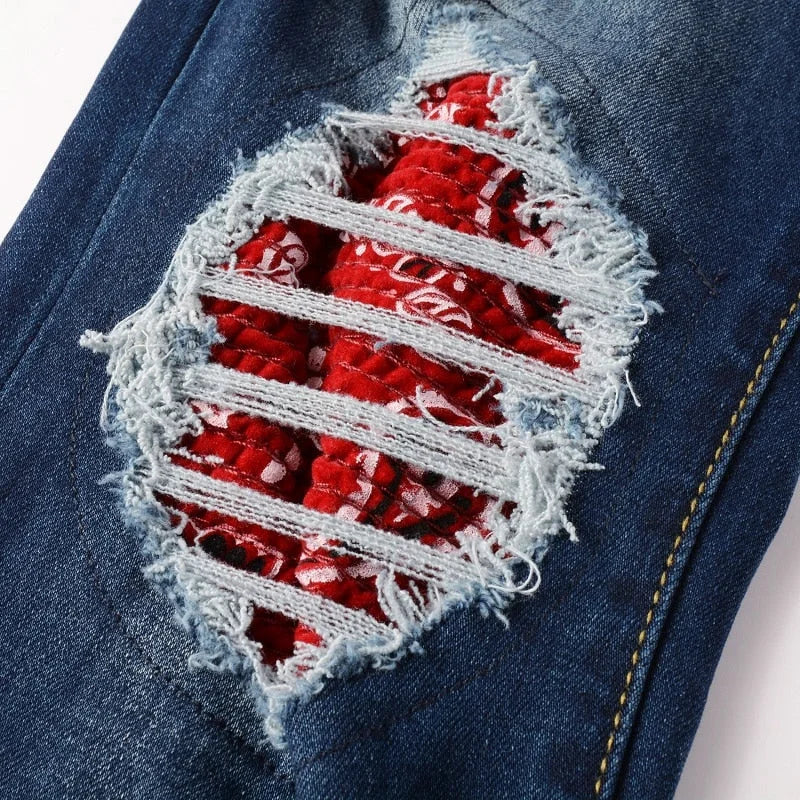 Dark Blue Red Paisley Bandana Patch Jeans