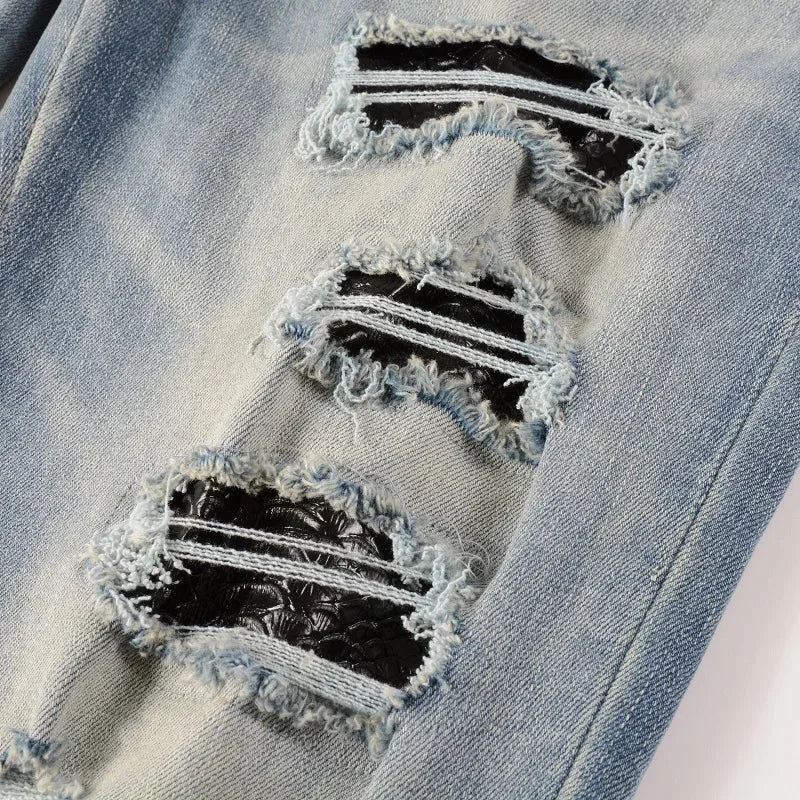 Blue Snake Embroidery Patch Ripped Jeans